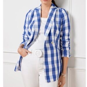 Talbots Blue White Gingham Blazer Jacket Double Breasted Linen Blend Women  6P
